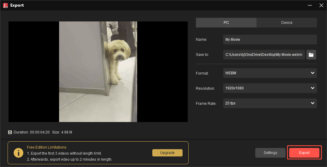 MiniTool MovieMaker Export window with the Export button selected.