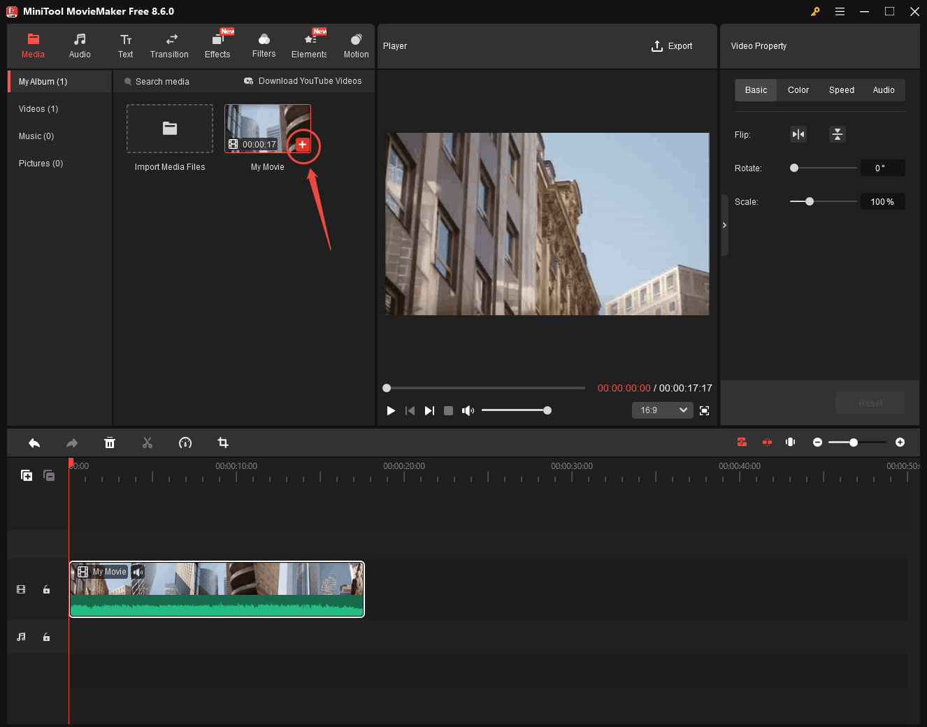 MiniTool MovieMaker interface with the plus icon selected on the video thumbnail.