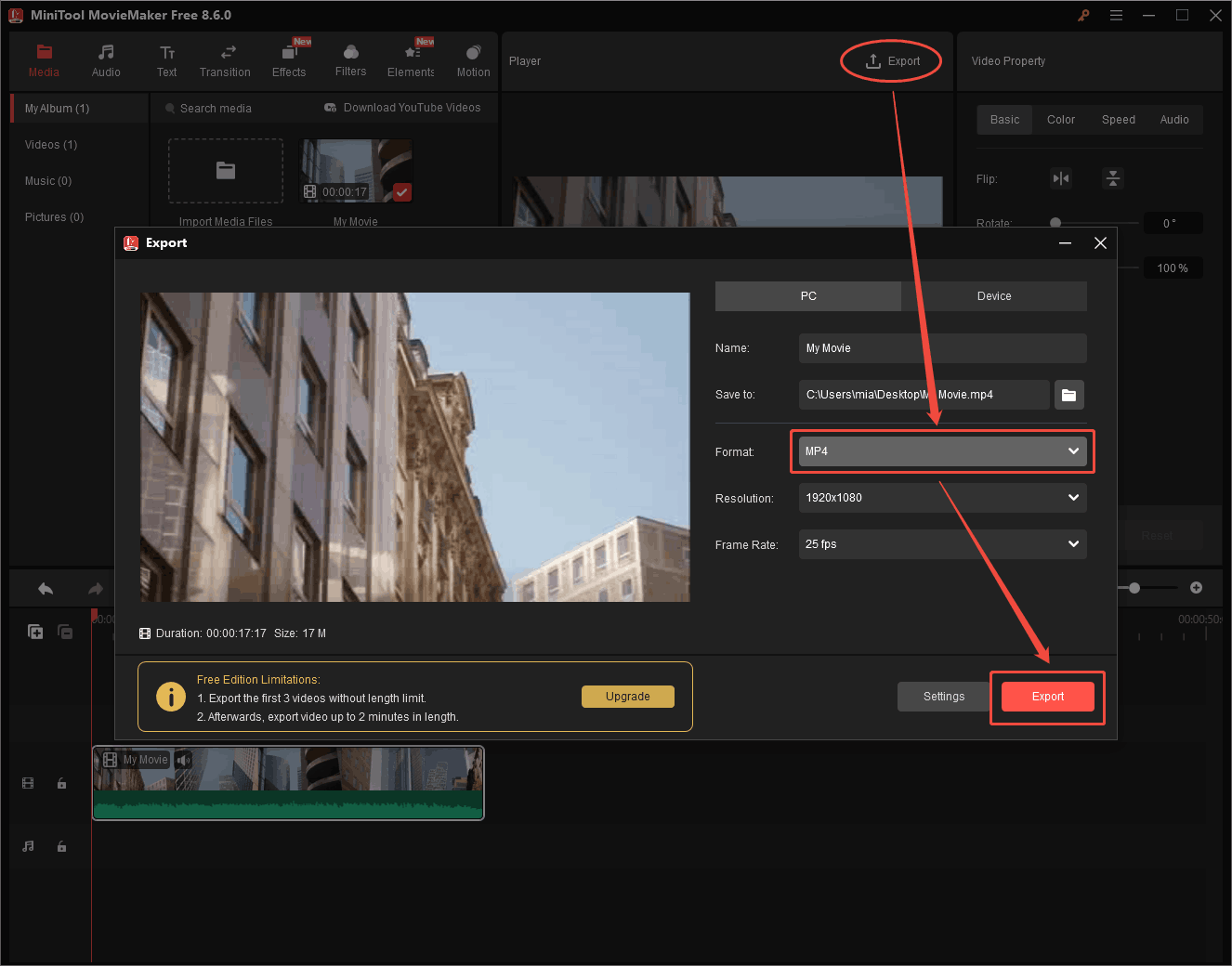 MiniTool MovieMaker interface showing how to export the video in MP4.