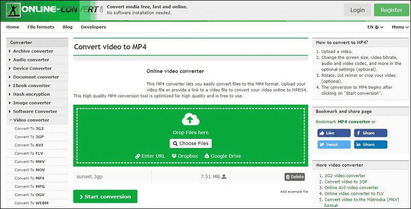ONLINE CONVERT file upload webpage.