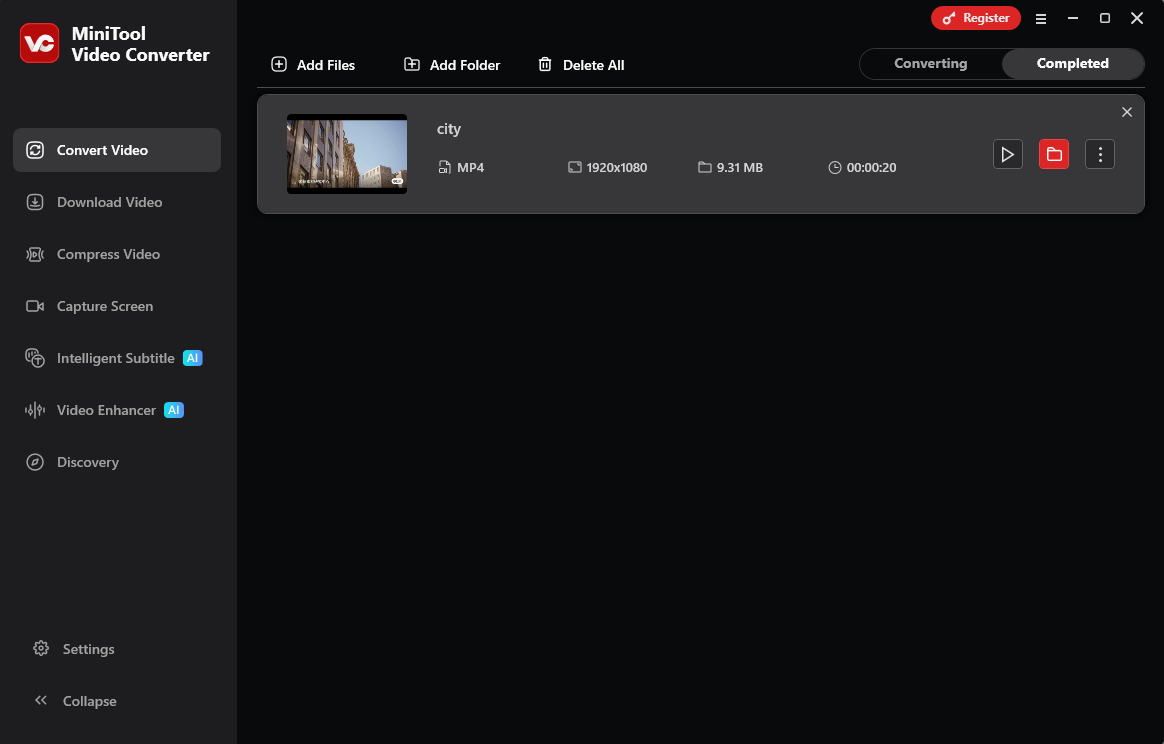 MiniTool Video Converter Convert Video interface with the folder icon highlighted.