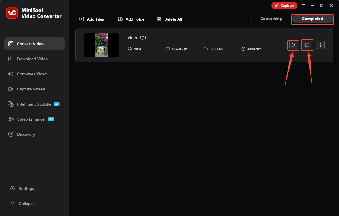 MiniTool Video Converter Completed tab with the Play icon and the Folder icon selected in the Convert Video tab.