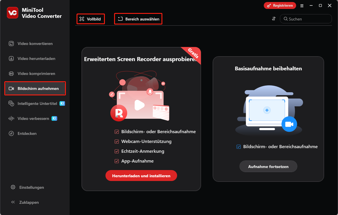 Klicken Sie auf Screen Record, um zum Tab Screen Record zu wechseln, klicken Sie auf Full Screen, um den gesamten Bildschirm aufzunehmen, oder wählen Sie Select Region, um den Aufnahmebereich auszuwählen.