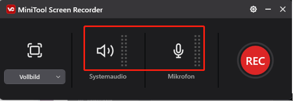 Klicken Sie im MiniTool Screen Recorder Panel auf das Symbol für System Audio oder Microphone, um den Ton ein- oder auszuschalten.