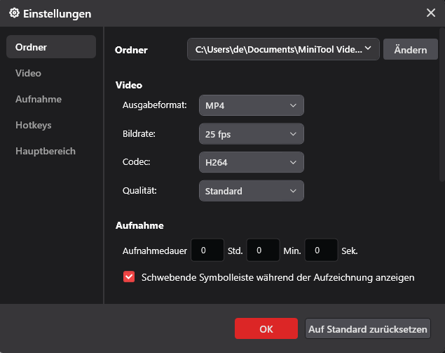 Ändern Sie den Ausgabeordner, die Bildrate, die Videoqualität, die voreingestellte Aufnahmedauer und vieles mehr auf der erweiterten Einstellungsseite.