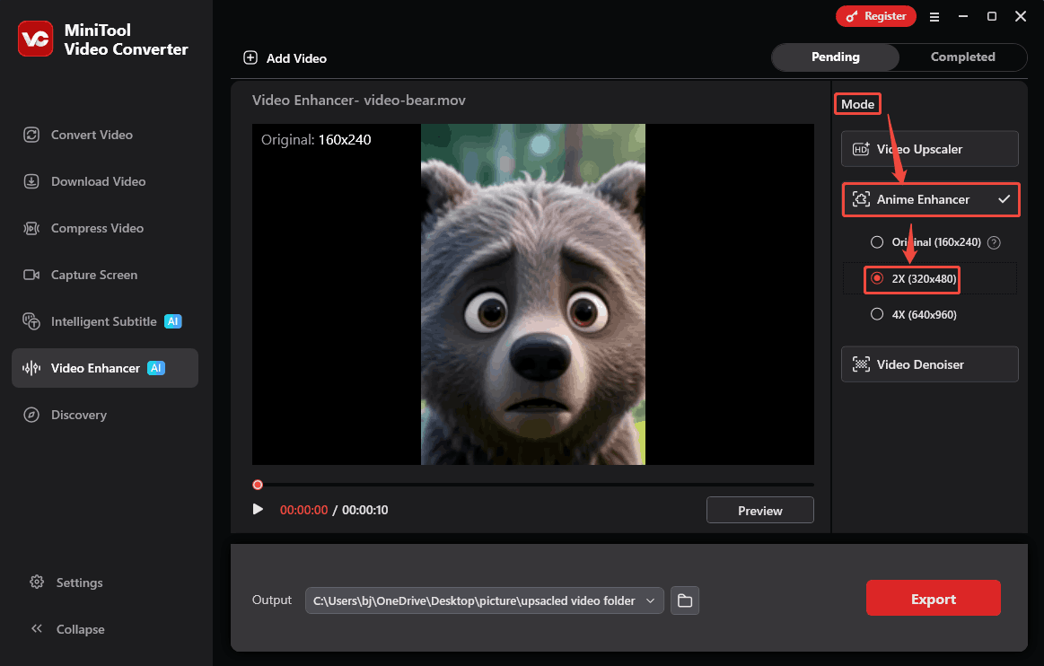 MiniTool Video Converter Anine Enhancer section showing how to choose an enhancement level in the Video Enhancer tab.