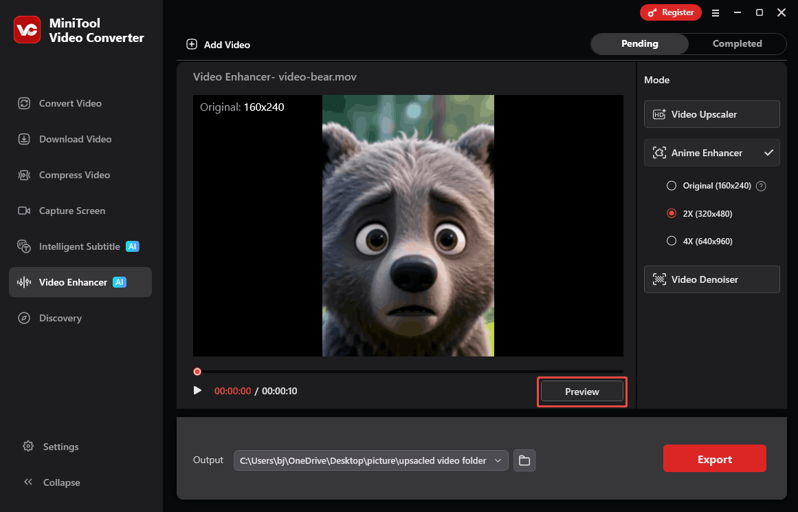 MiniTool Video Converter Anime Enhancer mode with the Preview button selected in the Video Enhancer tab.