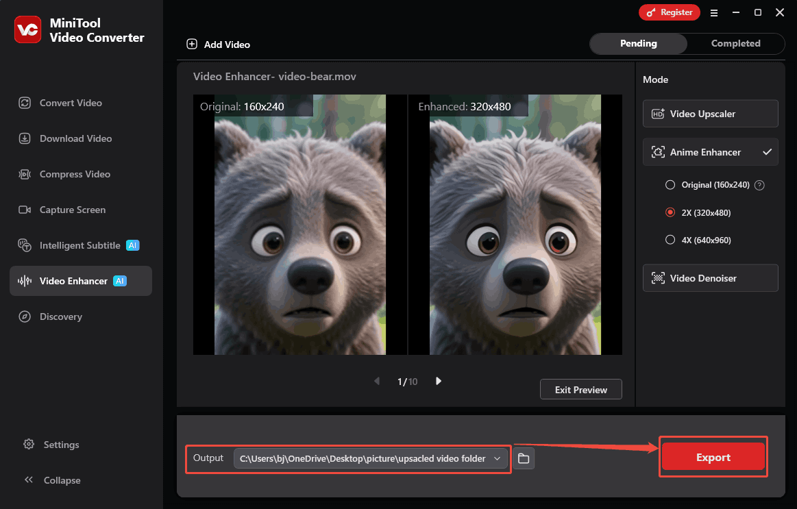 MiniTool Video Converter interface with the output option and the Export button selected in the Video Enhancer tab.