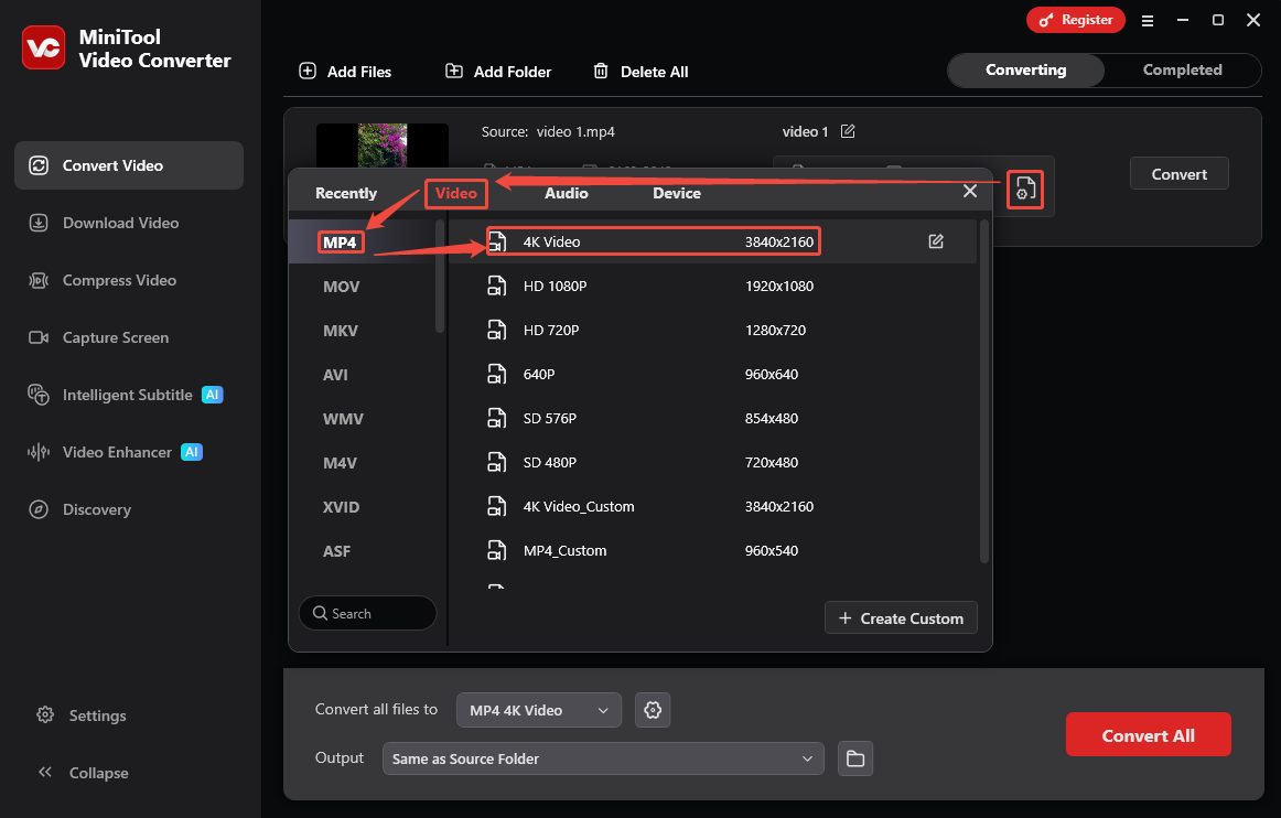 MiniTool Video Converter pop-up window showing how to set MP4 as the output format in the Convert Video tab.