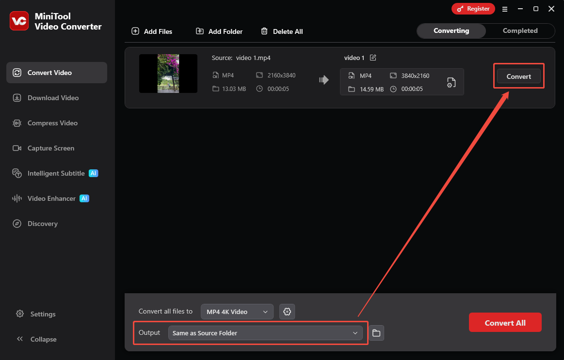 MiniTool Video Converter interface with the Output option and the Convert button selected in the Convert Video tab.