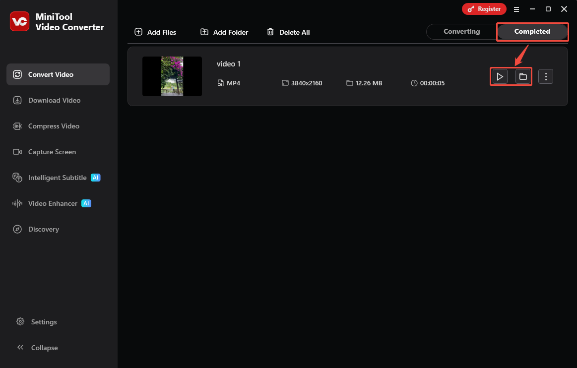 MiniTool Video Converter Completed tab with the Play icon and Folder icon selected in the Convert Video tab.