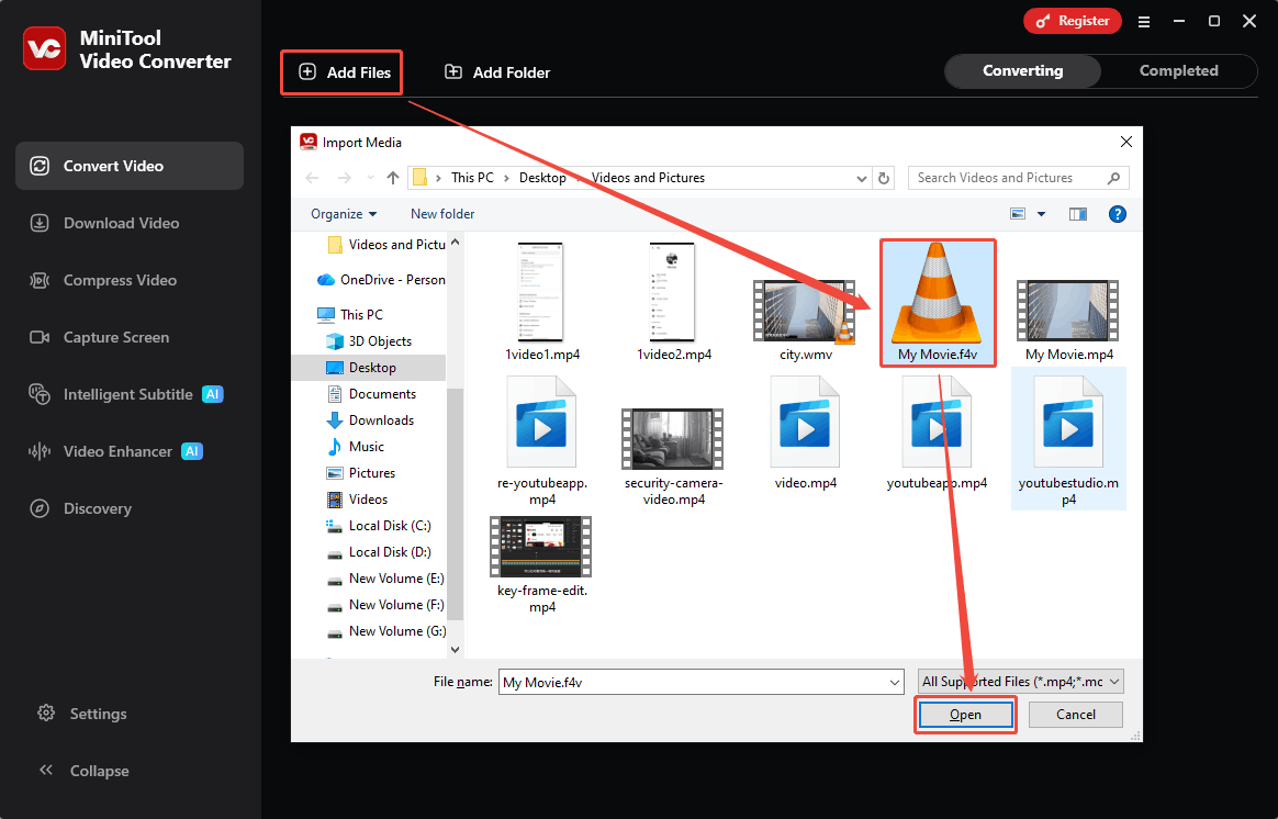 MiniTool Video Converter interface showing how to add the F4V file to the video converter.
