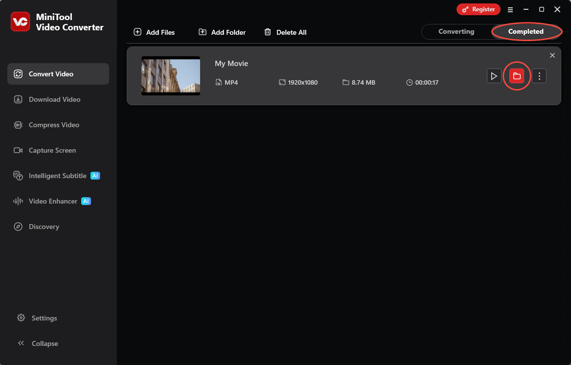 MiniTool Video Converter Convert Video interface with the folder icon selected under the Completed tab.