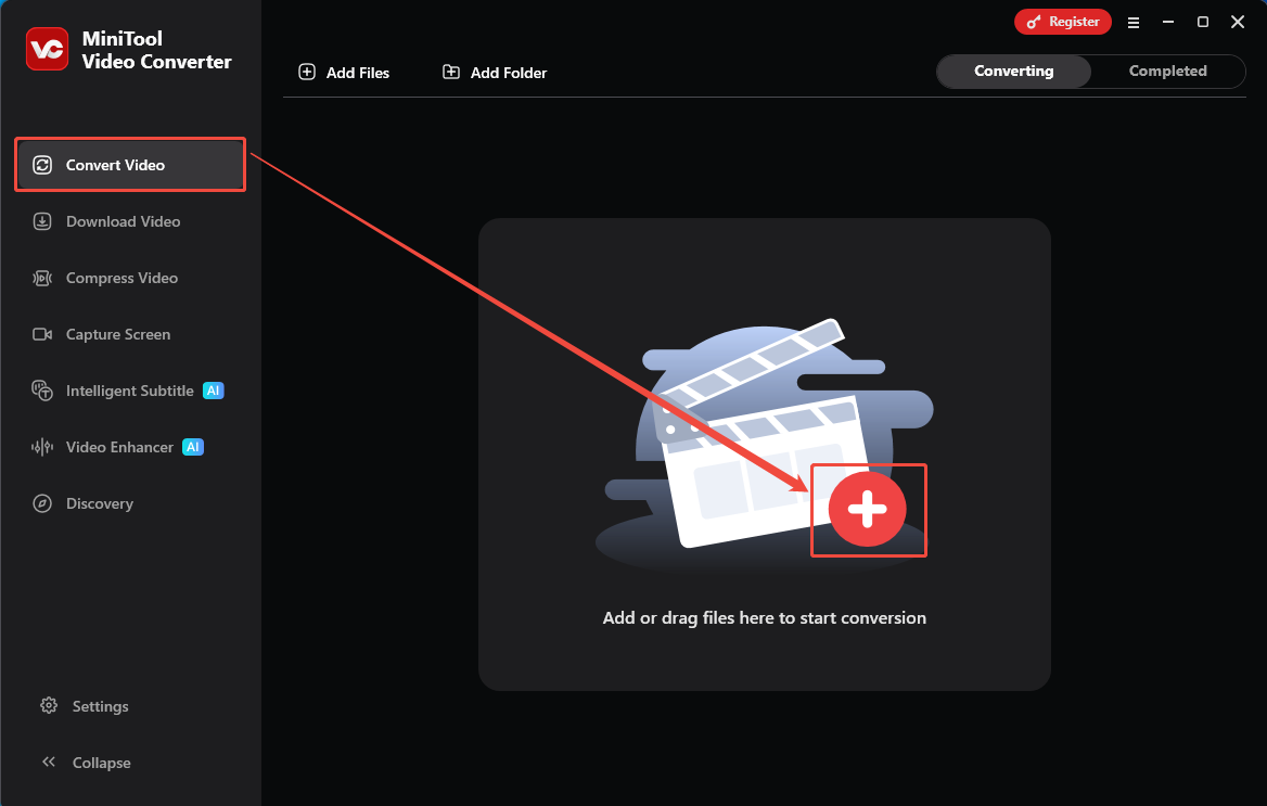 MiniTool Video Convert interface with the Conver Video tab and the Plus icon selected.