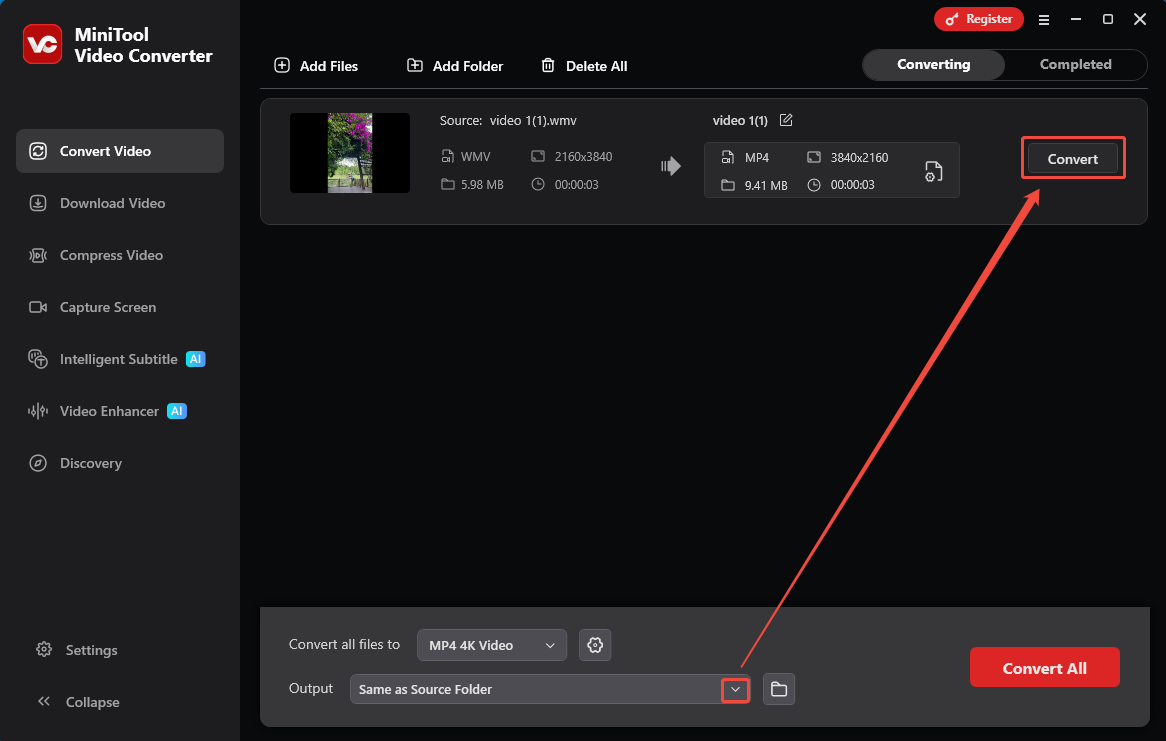 MiniTool Video Converter with the Output option and the Convert button selected in the Convert Video tab.