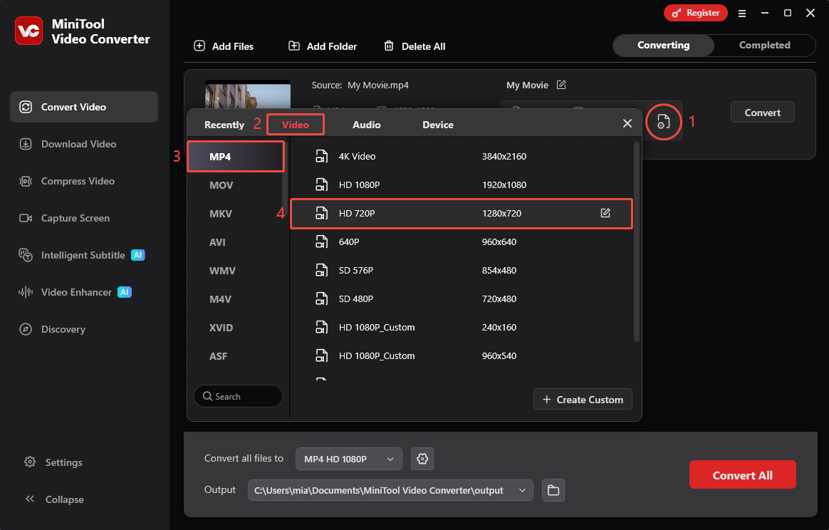 MiniTool Video Converter Convert Video interface showing how to choose MP4 HD 720p as output format.