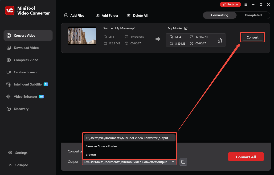 MiniTool Video Converter Convert Video interface showing how to set the save location and start conversion.