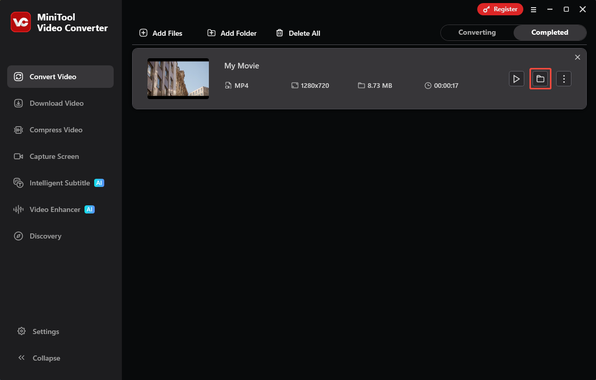 MiniTool Video Converter Convert Video interface with the folder icon selected under the Completed tab.