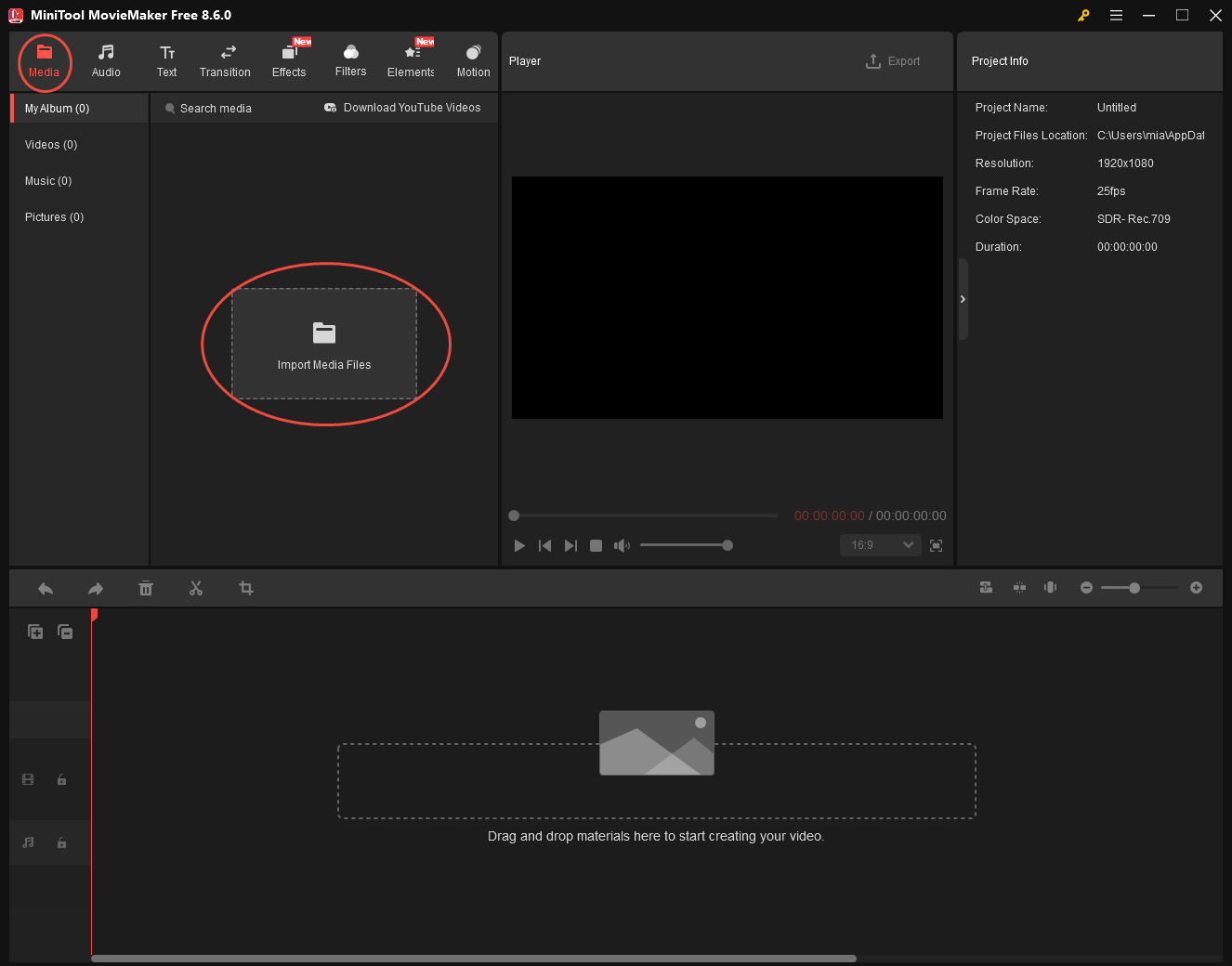 MiniTool MovieMaker interface with the Import Media Files option selected to upload target video.