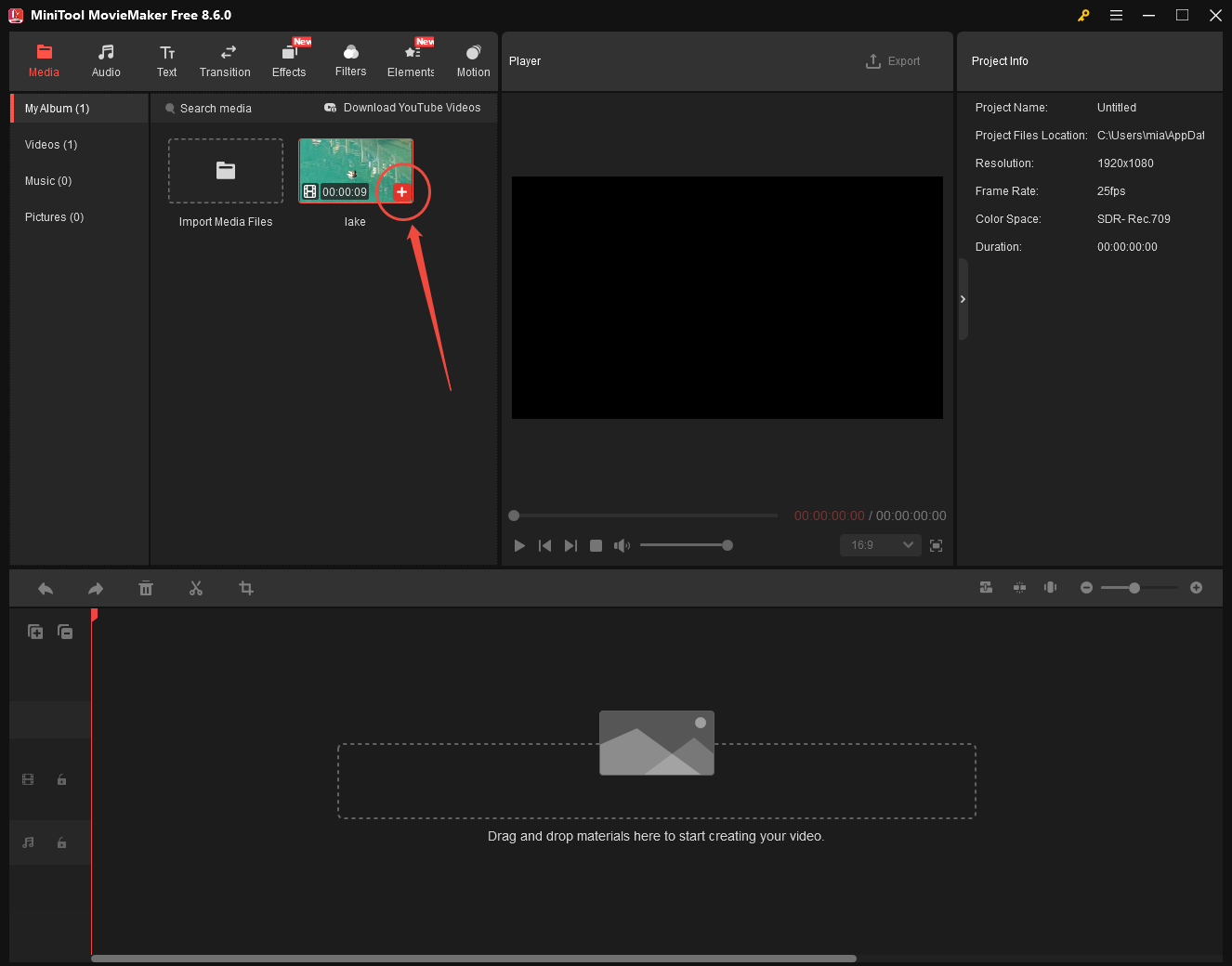 MiniTool MovieMaker interface with the plus icon selected to add video to the timeline.