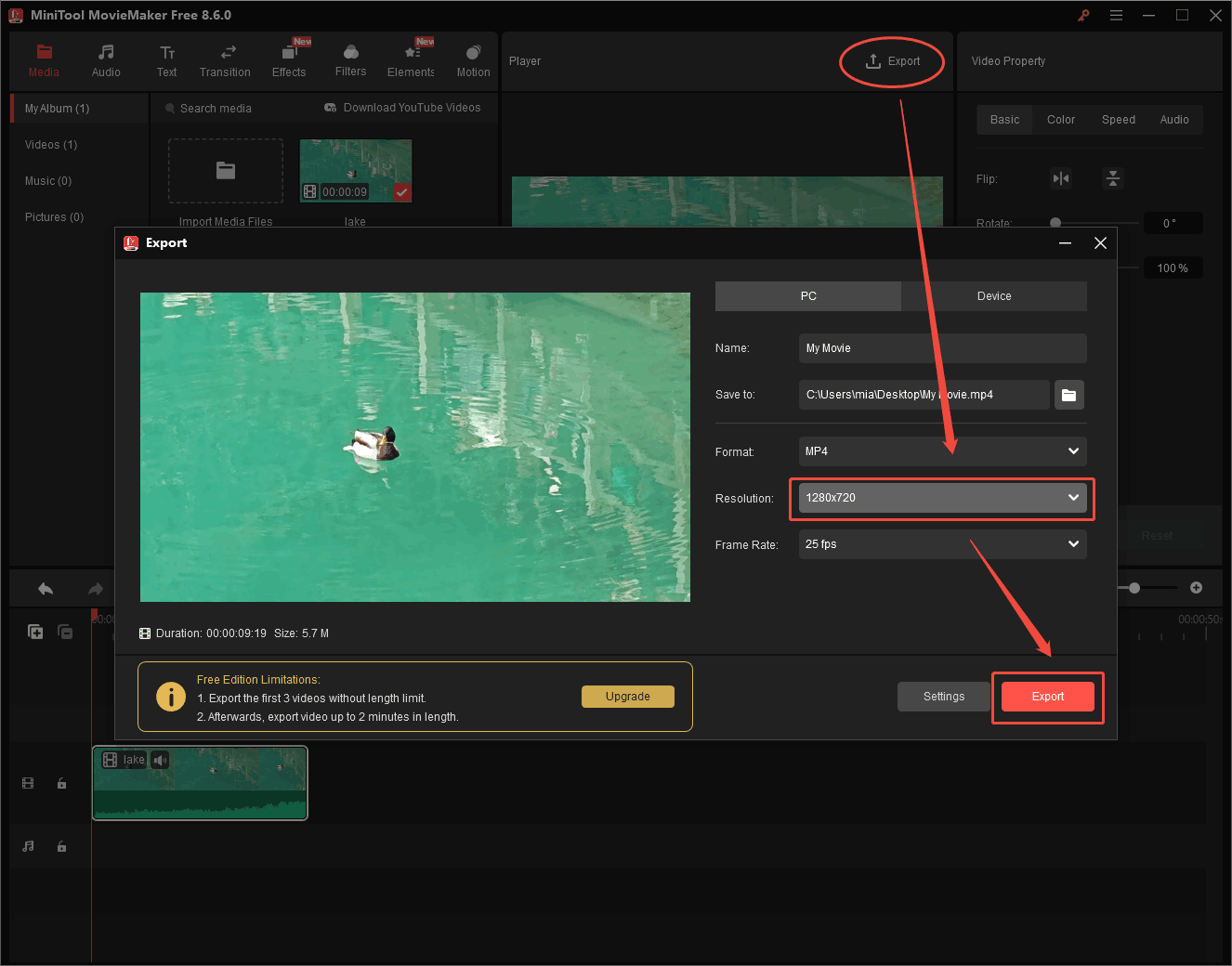 MiniTool MovieMaker Export window showing how to set the video resolution in 720p.