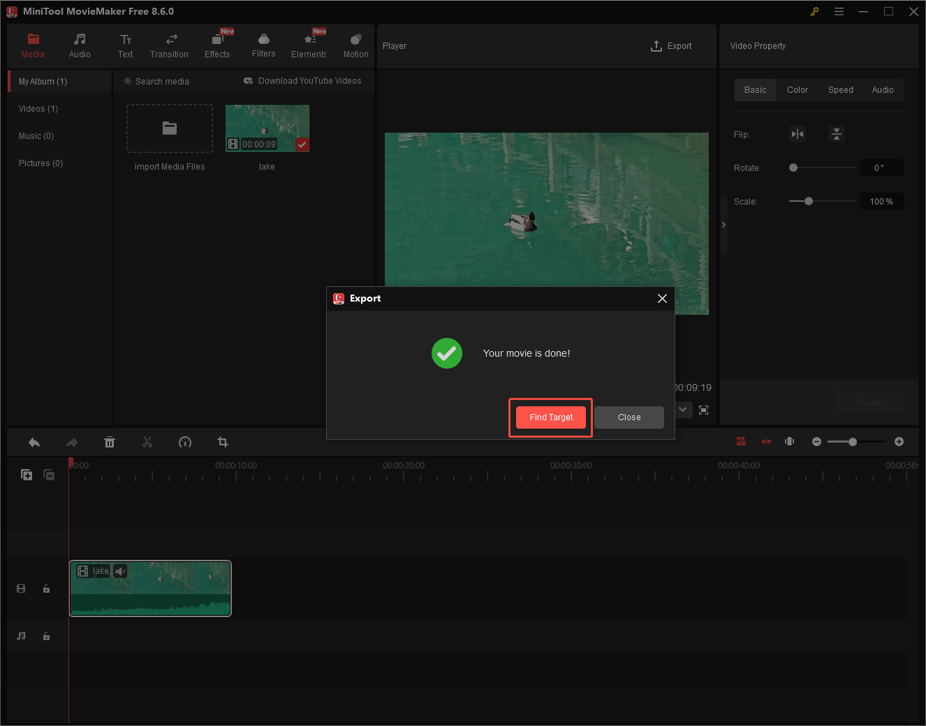 MiniTool MovieMaker Export window with the Find Target option selected.