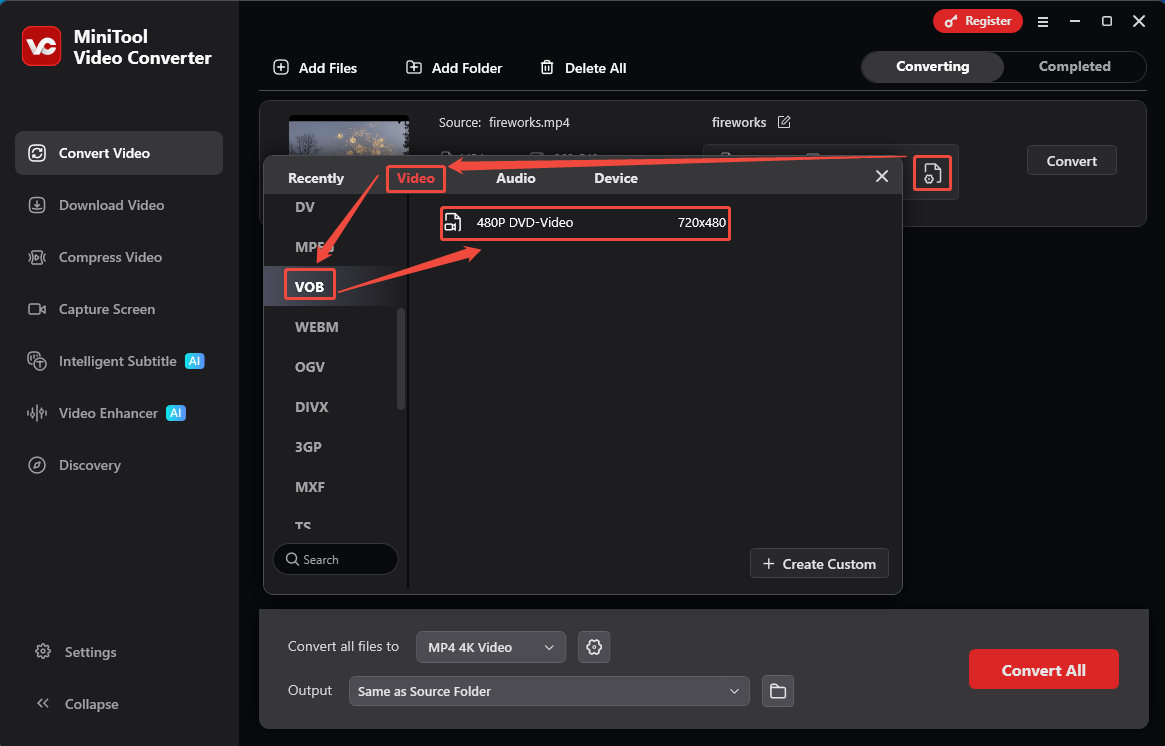 MiniTool Video Converter output format window showing how to set a format encoded by MPEG2 in the Convert Video tab.