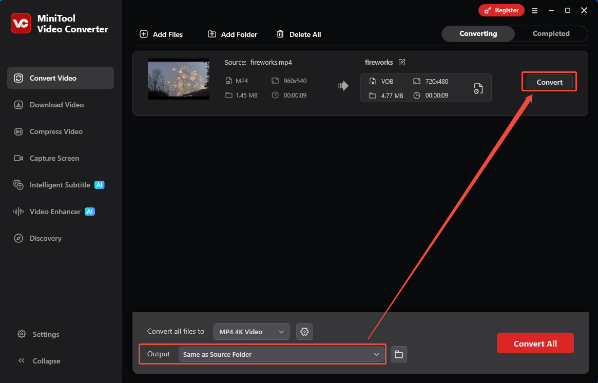MiniTool Video Converter interface with the Output option and the Convert button selected in the Convert Video tab.