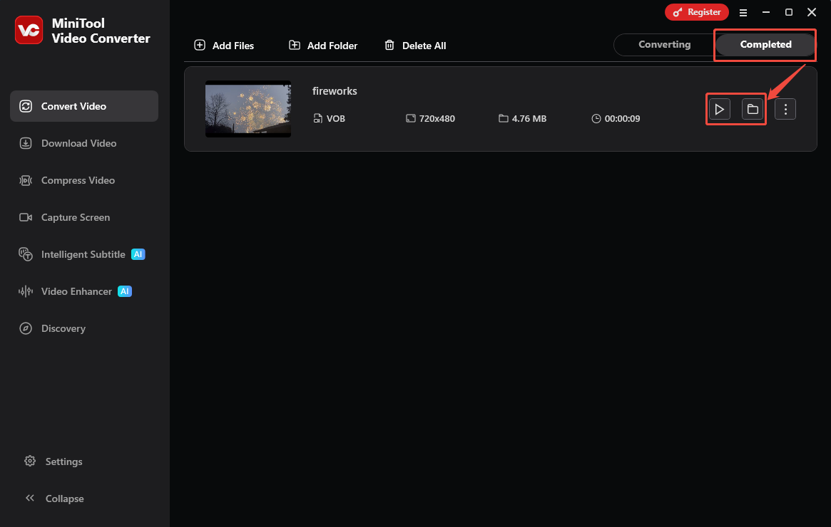 MiniTool Video Converter Completed tab with the Play icon and the Folder icon selected in the Convert Video tab.