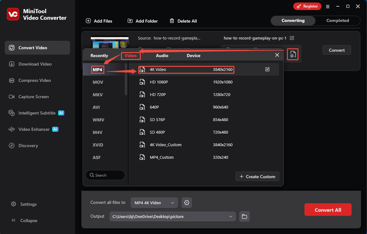 MiniTool Video Converter output settings window showing how to set MP4 as the output format in the Convert Video tab.