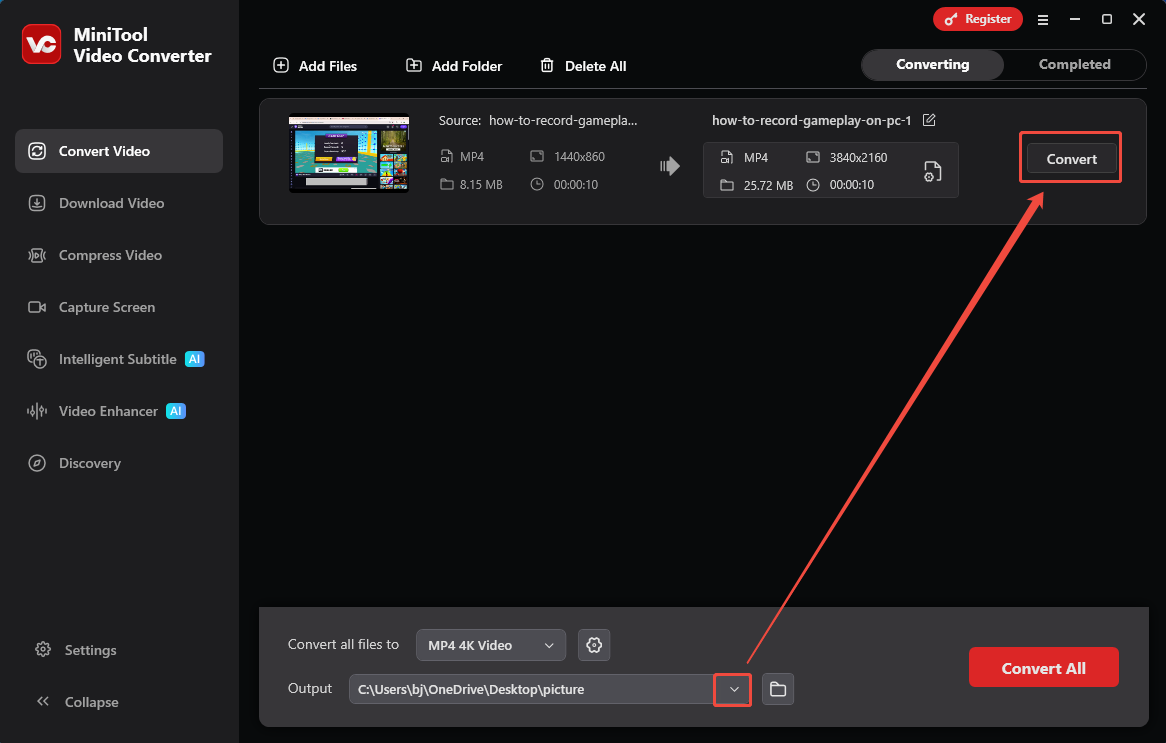 MiniTool Video Converter interface with the Output option and the Convert button selected in the Convert Video tab.