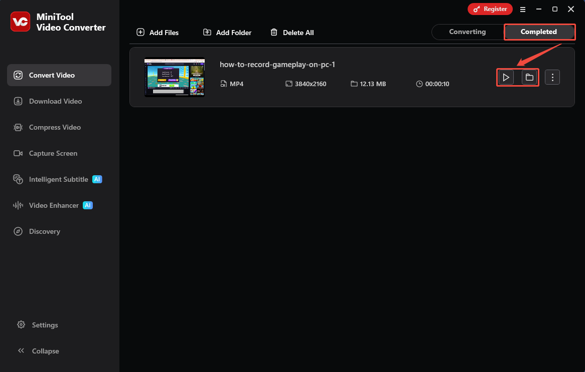 MiniTool Video Converter Completed tab with the Play icon and Folder icon selected in the Convert Video tab.