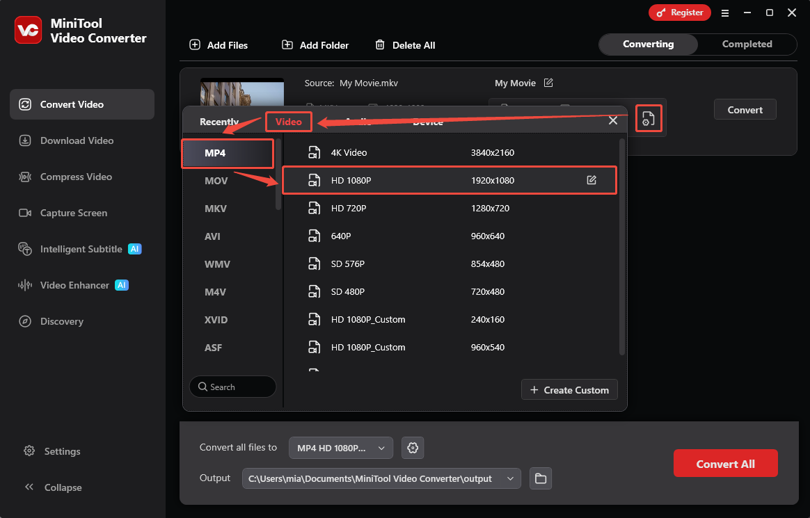 MiniTool Video Converter output format selection window showing how to choose MP4 as the output format.