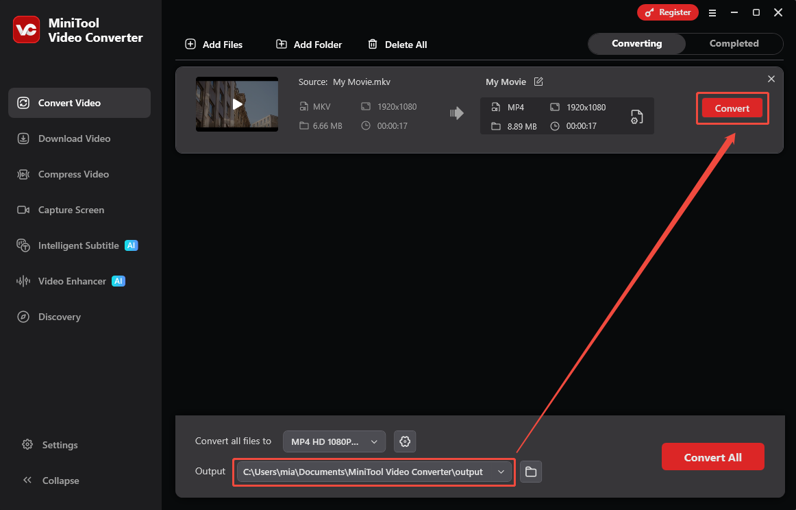 MiniTool Video Converter Convert Video interface with the output option and the Convert option selected.