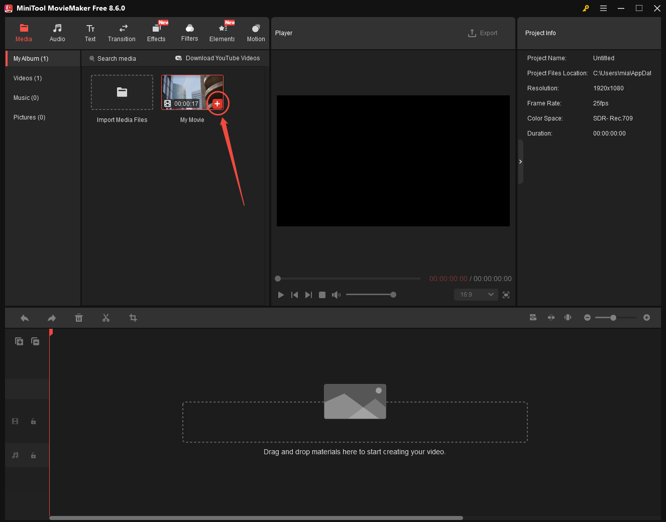 MiniTool MovieMaker interface with the plus icon of the uploaded video selected.