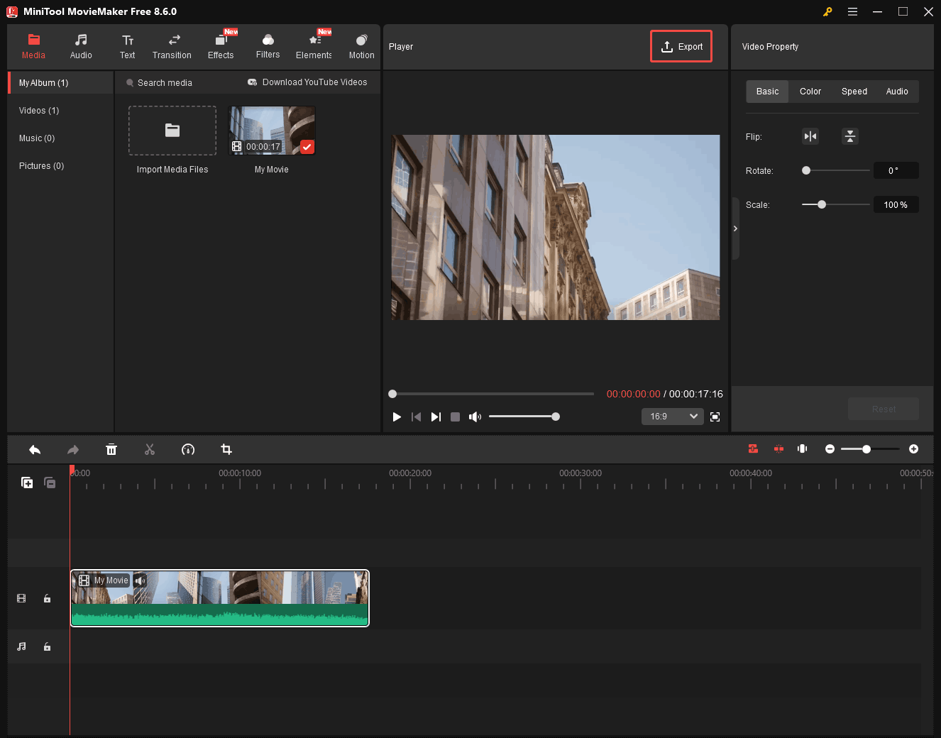 MiniTool MovieMaker interface with the Export option in the Player section selected.