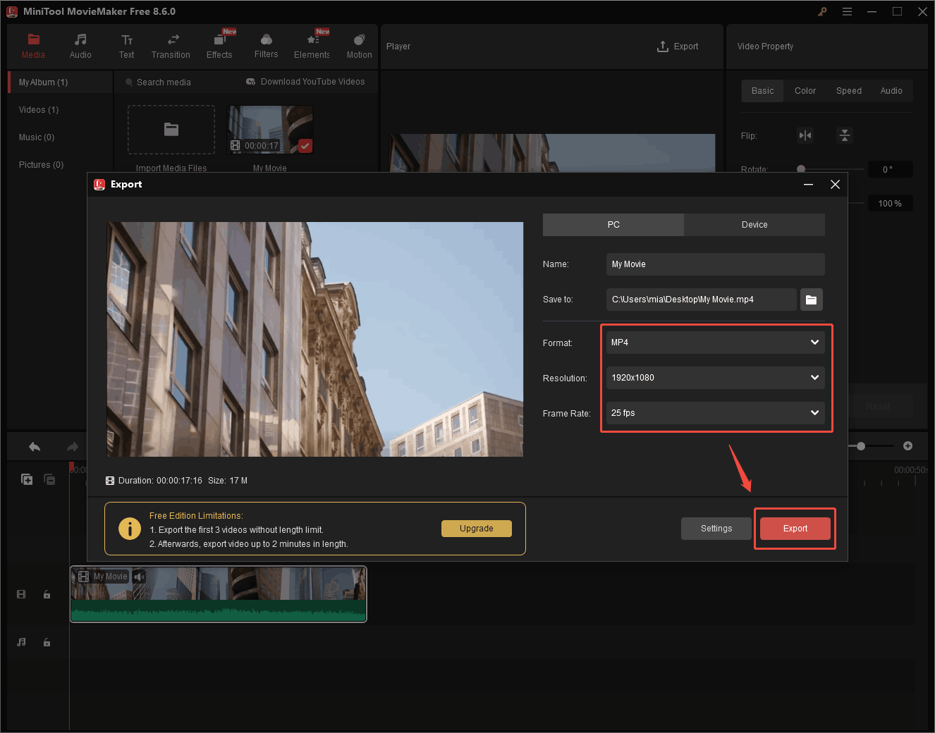 MiniTool MovieMaker Export window showing how to export the video as MP4.