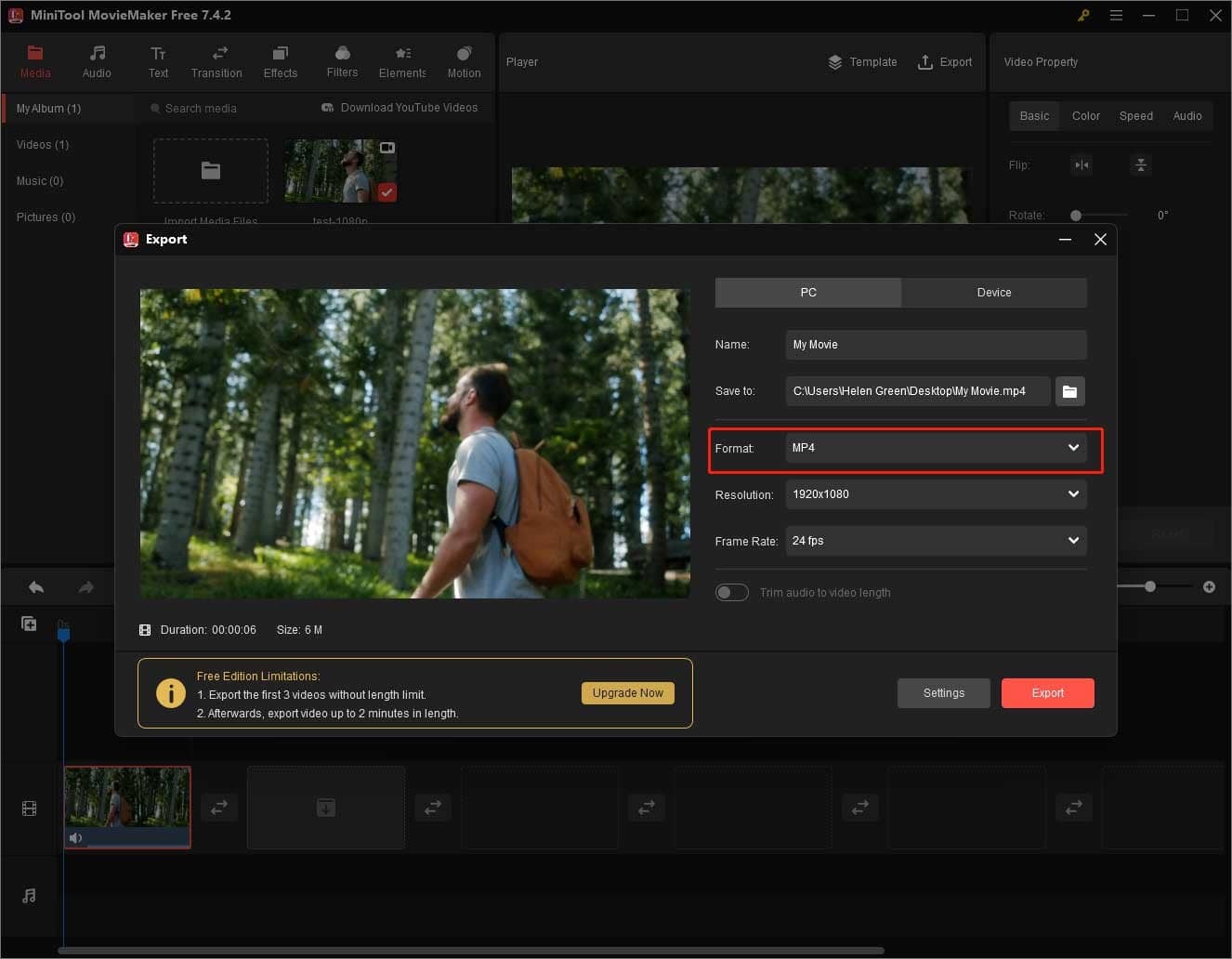 MiniTool MovieMaker Export window with the Format option selected.