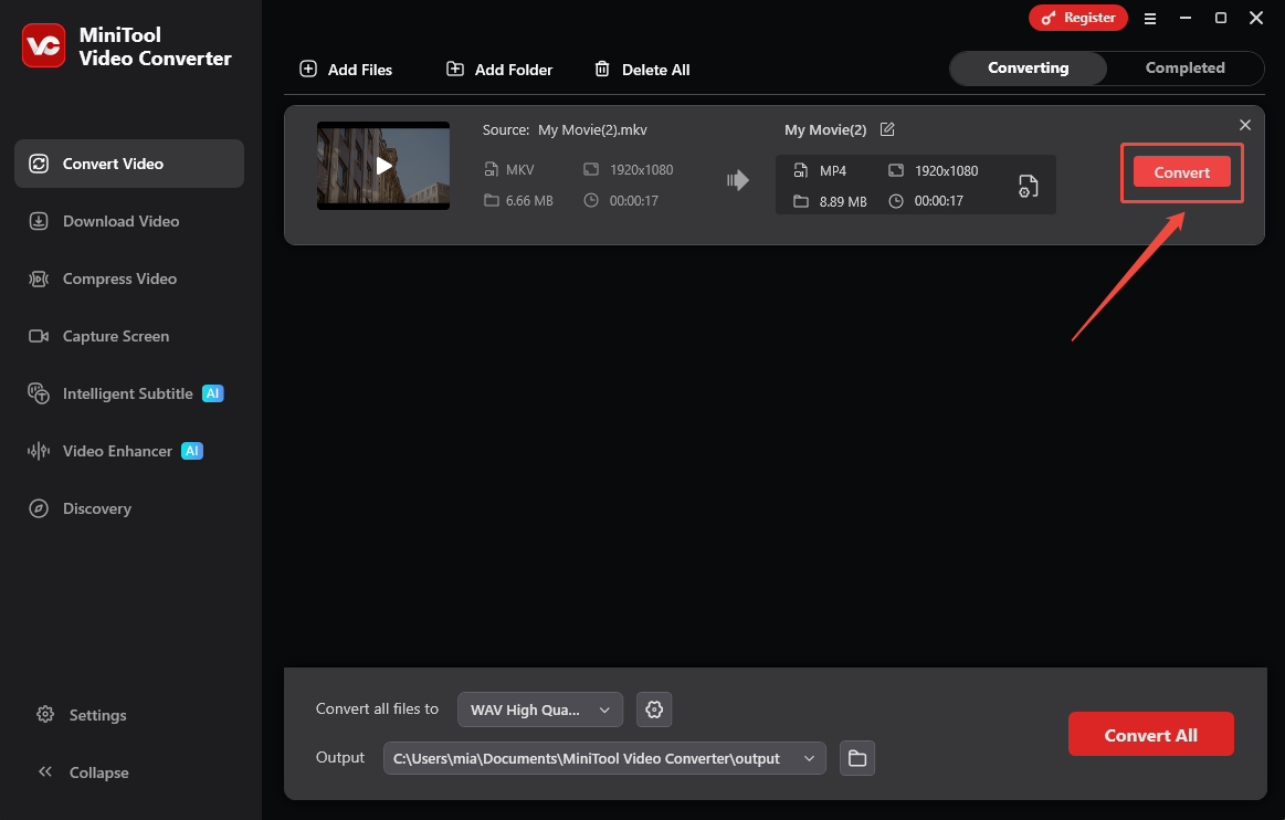MiniTool Video Converter Convert Video interface with the Convert option selected.