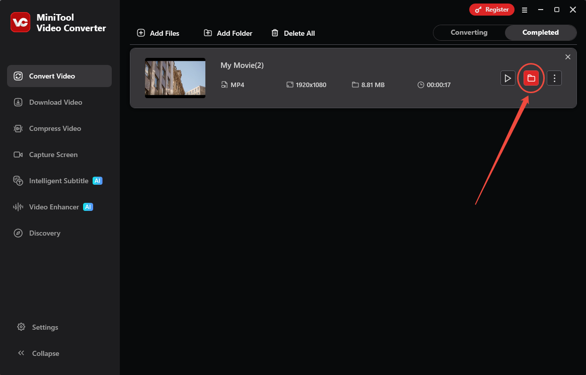 MiniTool Video Converter Convert Video interface with the folder icon selected under the Completed tab.