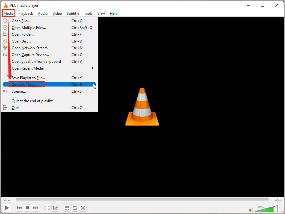 VLC media player interface with the Convert or Save option selected.