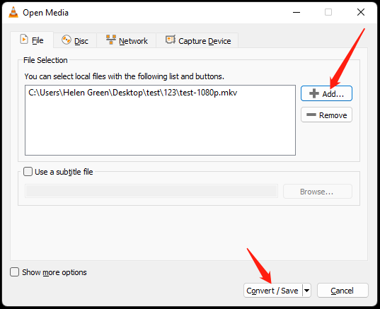 VLC media player Open Media window with the Add option and Convert or Save option pointed by an arrow.