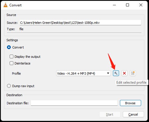 VLC media player Convert window with the Edit selected profile option selected.