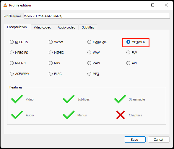 VLC media player Profile edition window with the MP4 or MOV file selected.