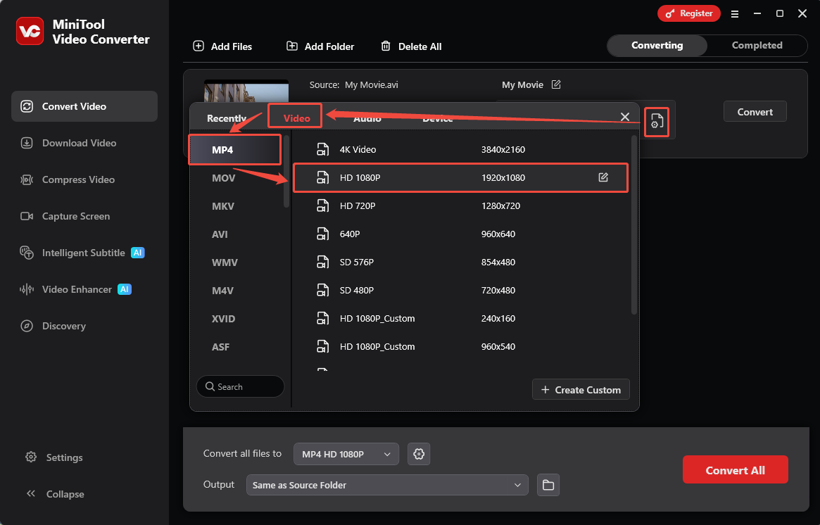 MiniTool Video Converter Convert Video interface showing how to choose the output format.