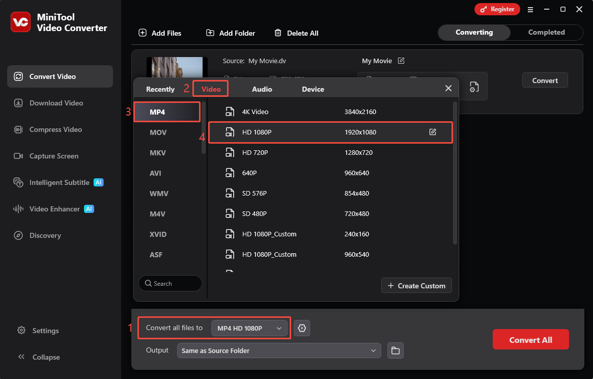 MiniTool Video Converter Convert Video interface showing how to choose MP4 as output format.