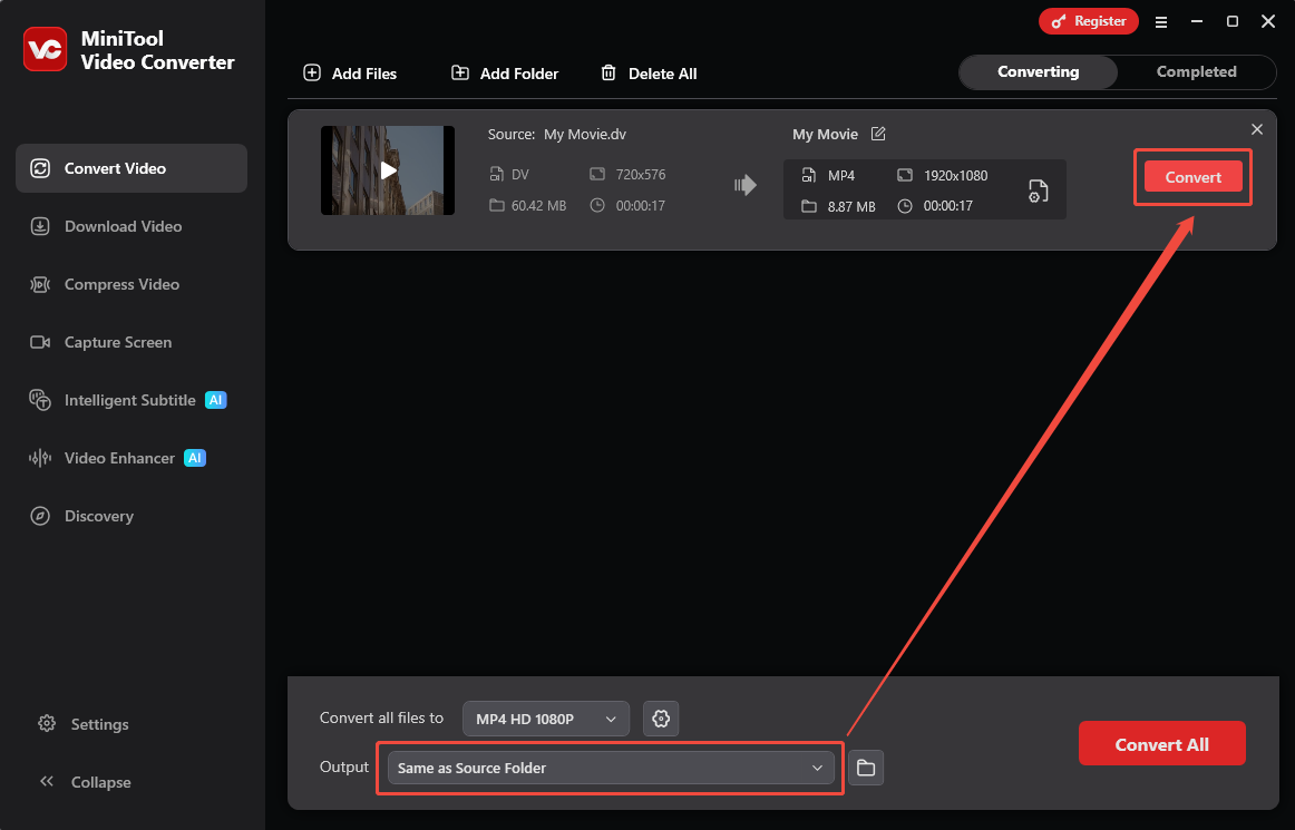 MiniTool Video Converter Convert Video interface showing how to choose output save folder and start conversion.