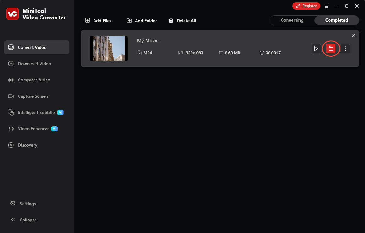 MiniTool Video Converter Convert Video interface with the folder icon selected under the Completed tab.