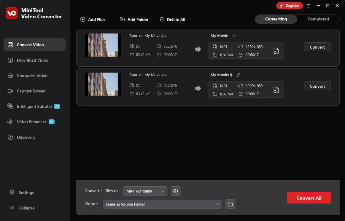 MiniTool Video Converter Convert Video interface with two conversion tasks in the workspace.