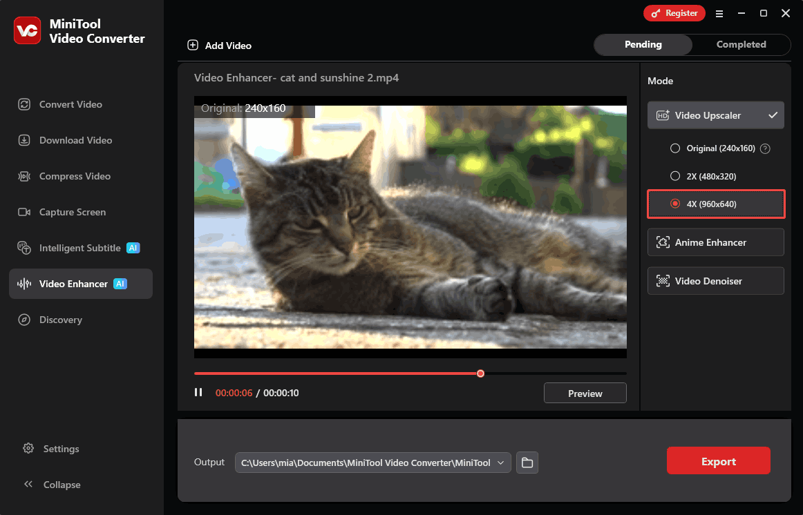 MiniTool Video Converter Video Enhancer interface with the 4X option selected under the Video Upscaler section.